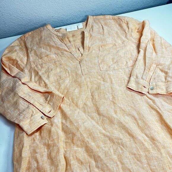 Chico's Linen Henley Tunic Top Womens 1 Orange Coral Top Popover EUC Creamsicle - Picture 1 of 8